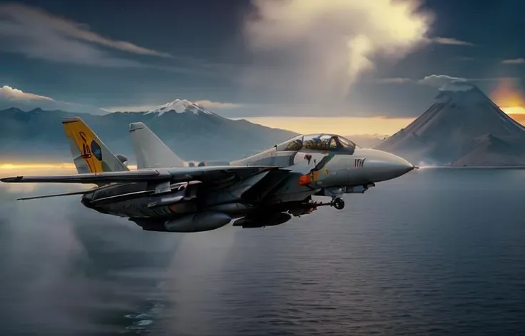 F14 <lora:F-14 V2:0.8> (masterpiece, best quality:1.2),Japan, Vulcan on background, Fujiyama, ((night)), sundown, sunset,epic, cinematic, sky, ((fly)), (smoke), (foggy), volumetric light, raytraced, flare, hdr, 4k, crew, speed, supersonic, sound barrier, (dark clouds), (rain), ocean, sea, shore, high contrast, (storm), (lightnings), polar lights, stars, blockbuster, two tails, ((take off)), rainbow, Kamchatka, islands landscape, aircraft turn