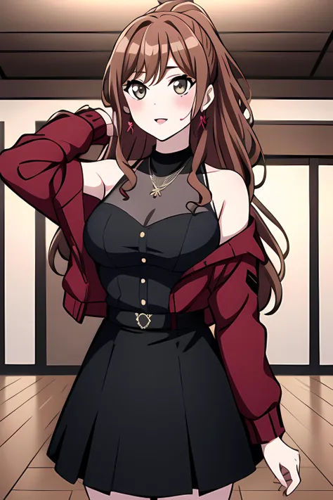 ((masterpiece, best quality)),indoors,medium breasts,lisa imai,1girl,bangs, bare_shoulders, spring casual, lisa imai, black_skirt, breasts,brown_hair,collarbone, jacket, jewelry, long_hair, looking_at_viewer, medium_breasts,off_shoulder,open_jacket, ponytail, red_jacket, solo,pony tail,(bow breasts)