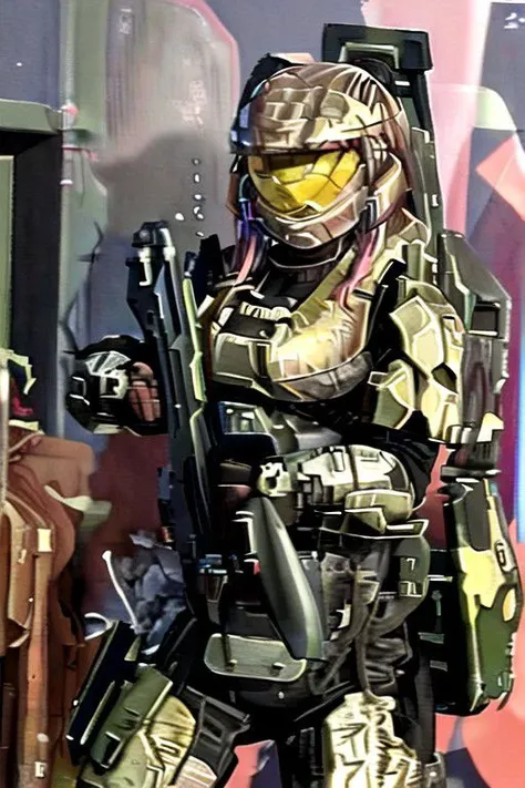 Lisa imai, long hair, spartan suit, halo, holding a weapon, battlefield