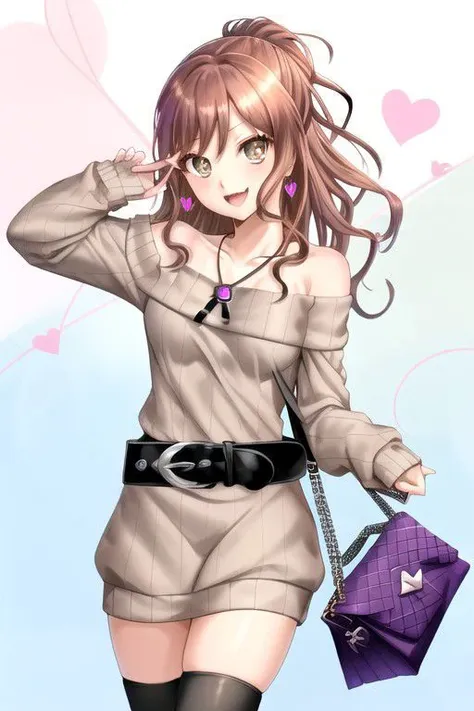 <lora:Lisachi-05:0.8> , lisachi, looking at viewer, smile, open mouth, thighhighs, long sleeves, dress, holding, bare shoulders, jewelry, collarbone, ponytail, :d, heart, cowboy shot, earrings, belt, black thighhighs, necklace, off shoulder, bag, sweater, zettai ryouiki, sleeves past wrists, grey eyes, v, wavy hair, ribbed sweater, half updo, black belt, handbag, holding bag, sweater dress, heart earrings, off-shoulder sweater