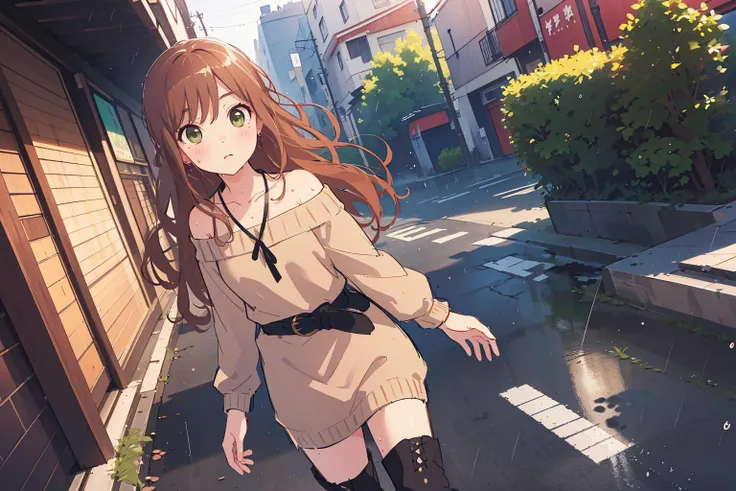 anime girl walking down a street in a short dress and knee high boots