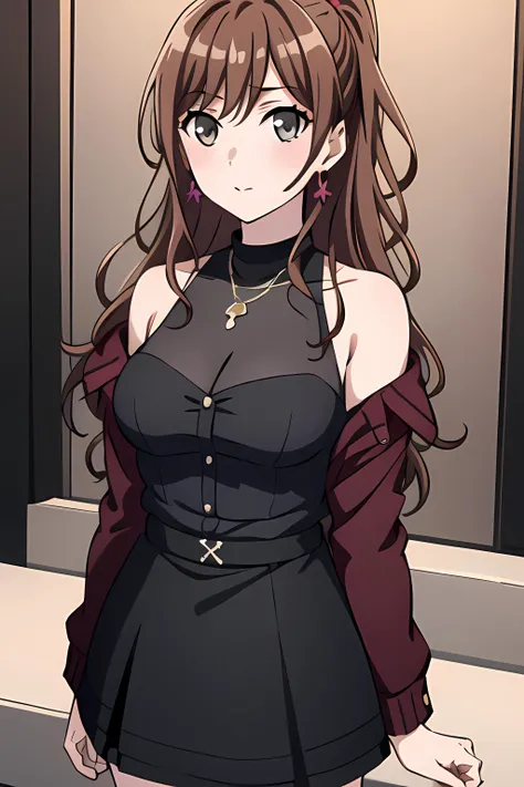 ((masterpiece, best quality)),indoors,medium breasts,lisa imai,1girl,bangs, bare_shoulders, bang dream!, black_legwear,(spring casual), lisa imai, (black_skirt), breasts,brown_hair,collarbone, jewelry, long_hair, looking_at_viewer,off_shoulder, ponytail, red_jacket, solo,pony tail,(bow breasts)