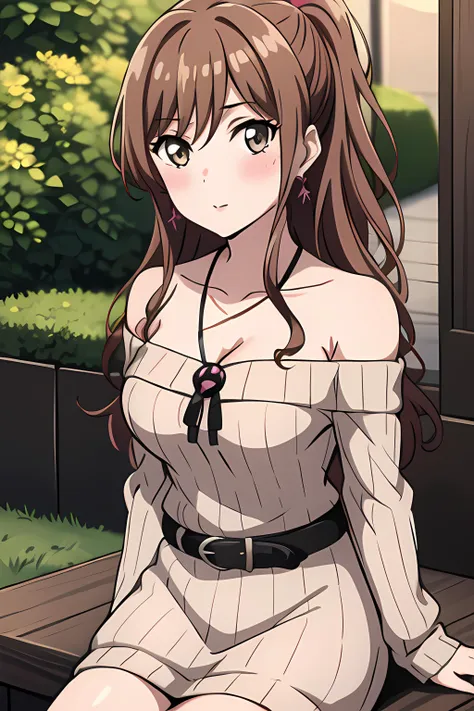 ((masterpiece, best quality)),outdoors,(medium breasts),lisa imai,1girl,sitting,bangs, bang dream!,breasts,brown_hair, cleavage, ,collarbone, long_hair, looking_at_viewer,casual, ponytail, tail,(green eyes:0.1),bare shouder,(casual,sweater),thigh high boots,belt,bow breasts, dress, ribbed_sweater, sidelocks, blush,off-shoulder_sweater