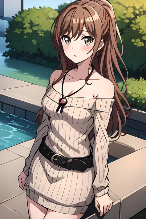 ((masterpiece, best quality)),outdoors,(medium breasts),lisa imai,1girl,standing,bangs, bang dream!,breasts,brown_hair, cleavage, ,collarbone, long_hair, looking_at_viewer,casual, ponytail, tail,(green eyes:0.1),bare shouder,(casual,sweater),thigh high boots,belt,bow breasts, dress, ribbed_sweater, sidelocks, blush,off-shoulder_sweater