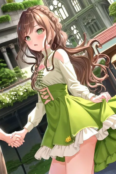 Lisa imai, long hair, green eyes, tiny blush, braided hair, weeding dress, holding hands, holding on her hand, cathedral