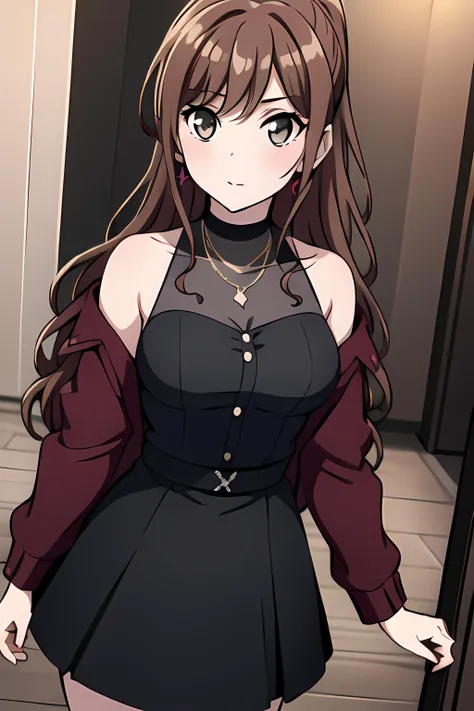 ((masterpiece, best quality)),indoors,medium breasts,lisa imai,1girl,bangs, bare_shoulders, spring casual, lisa imai, black_skirt, breasts,brown_hair,collarbone, jacket, jewelry, long_hair, looking_at_viewer, medium_breasts,off_shoulder,open_jacket, ponytail, red_jacket, solo,pony tail,(bow breasts)