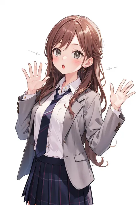 <lora:ama_mitsuki_v0.1:1>
1girl, solo, 
 <lora:Lisachi:0.8>,  <lora:lisamix160:0.4>, long hair, :o
haneoka_school_uniform, grey necktie, earrings, grey jacket, jewelry, necktie, brown plaid, brown plaid_skirt, brown pleated_skirt, medium breasts, open clothes, waving
White background, simple background