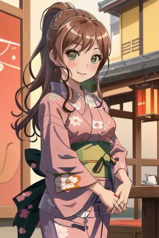 Lisa imai, best quality, masterpiece, highres, solo, {yukata:1.40}, {kimono:1.20}, brown_hair, long_hair, bangs, smile, jewelry, green_eyes, earrings, blush, ponytail, sidelocks