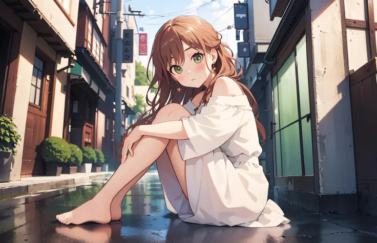 anime girl sitting on the ground in a narrow alleyway