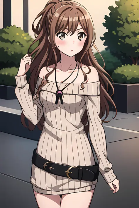 ((masterpiece, best quality)),outdoors,(medium breasts),lisa imai,1girl,standing,bangs, bang dream!,breasts,brown_hair,collarbone, long_hair, looking_at_viewer,casual, ponytail, tail,(green eyes:0.1),bare shouder,casual,sweater,thigh high boots,belt,bow breasts, dress, ribbed_sweater, sidelocks, blush,off-shoulder_sweater