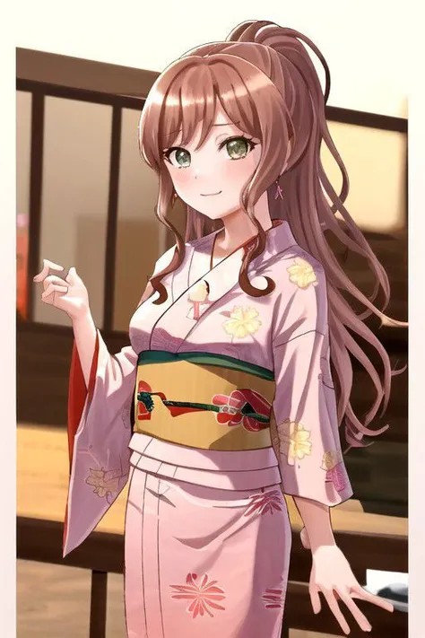 Lisa imai, best quality, masterpiece, highres, solo, {yukata:1.40}, {kimono:1.20}, brown_hair, long_hair, bangs, smile, jewelry, green_eyes, earrings, blush, ponytail, sidelocks