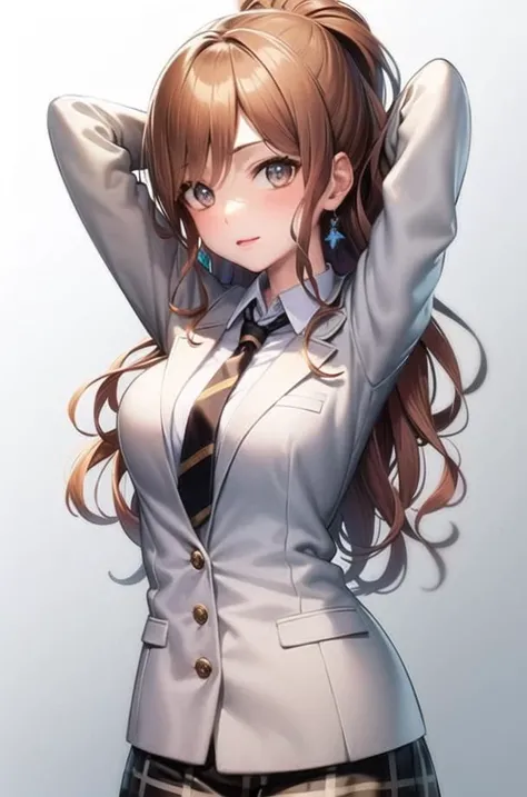 masterpiece, illustration, 8k, masterpiece world theater, realistic shadows, gradient, volumetric lighting, ambient lighting, colorful, beautiful detailed eyes, beautiful detailed face,(((1girl))),arms up hands behind head,lisa imai,brown hair,school uniform,skirt,necktie,<lora:lisav1:1>