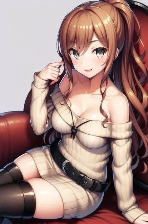 ((masterpiece, best quality)),very detailed, simple eyes,medium breasts,sitting,<lora:newlisa:1>,lisa imai,1girl,smile bare_shoulders, belt, black_legwear, casual, blush, breasts, brown_hair, cleavage, collarbone, dress, eyebrows_visible_through_hair, lisa, jewelry, large_breasts, long_hair, looking_at_viewer, off-shoulder_sweater, off_shoulder, open_mouth, ponytail, ribbed_sweater, sidelocks,smile, solo, sweater, sweater_dress, thighhighs
