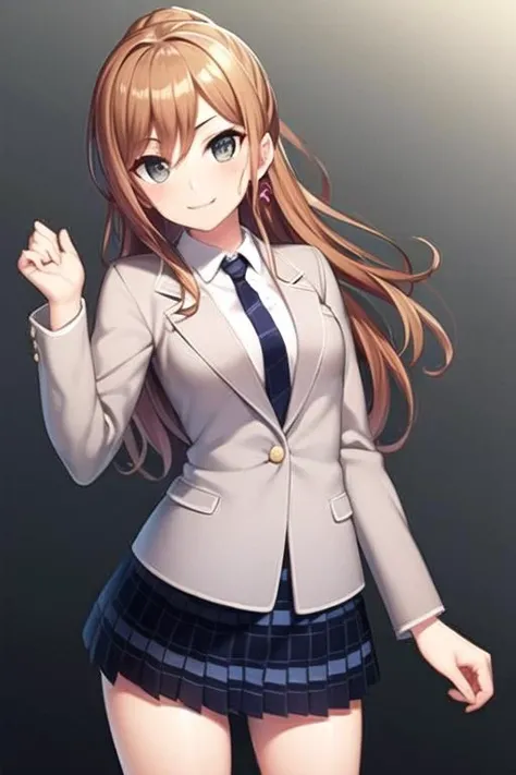 ((masterpiece, best quality)),very detailed, simple eyes,medium breasts,standing,<lora:newlisa:1>,lisa imai,1girl,smile, blue_necktie, brown_hair, haneoka_school_uniform, earrings, full_body, grey jacket, jewelry, long_hair, looking_at_viewer, necktie, plaid, plaid_skirt, pleated_skirt, school_uniform, skirt,