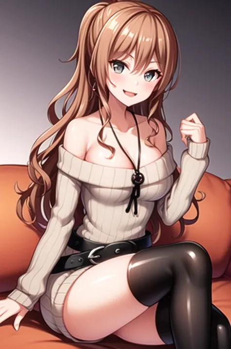 ((masterpiece, best quality)),very detailed, simple eyes,medium breasts,sitting,<lora:newlisa:1>,lisa imai,1girl,smile bare_shoulders, belt, black_legwear, casual, blush, breasts, brown_hair, cleavage, collarbone, dress, eyebrows_visible_through_hair, lisa, jewelry, large_breasts, long_hair, looking_at_viewer, off-shoulder_sweater, off_shoulder, open_mouth, ponytail, ribbed_sweater, sidelocks,smile, solo, sweater, sweater_dress, thighhighs