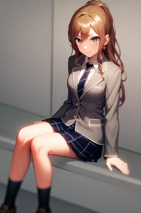 ((masterpiece, best quality)),very detailed, simple eyes,medium breasts,sitting,<lora:newlisa:1>,lisa imai,1girl,smile, blue_necktie, brown_hair, haneoka_school_uniform, earrings, full_body, grey jacket, jewelry, long_hair, looking_at_viewer, necktie, plaid, plaid_skirt, pleated_skirt, school_uniform, skirt,