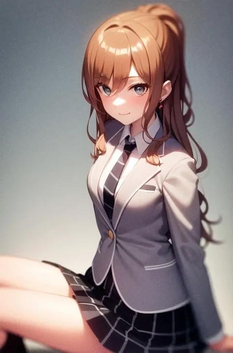 ((masterpiece, best quality)),very detailed, simple eyes,medium breasts,sitting,<lora:newlisa:1>,lisa imai,1girl,smile, blue_necktie, brown_hair, haneoka_school_uniform, earrings, full_body, grey jacket, jewelry, long_hair, looking_at_viewer, necktie, plaid, plaid_skirt, pleated_skirt, school_uniform, skirt,