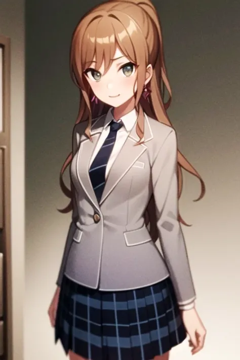 ((masterpiece, best quality)),very detailed, simple eyes,medium breasts,standing,<lora:newlisa:1>,lisa imai,1girl,smile, blue_necktie, brown_hair, haneoka_school_uniform, earrings, full_body, grey jacket, jewelry, long_hair, looking_at_viewer, necktie, plaid, plaid_skirt, pleated_skirt, school_uniform, skirt,