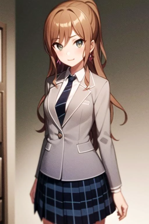 ((masterpiece, best quality)),very detailed, simple eyes,medium breasts,standing,<lora:newlisa:1>,lisa imai,1girl,smile, blue_necktie, brown_hair, haneoka_school_uniform, earrings, full_body, grey jacket, jewelry, long_hair, looking_at_viewer, necktie, plaid, plaid_skirt, pleated_skirt, school_uniform, skirt,