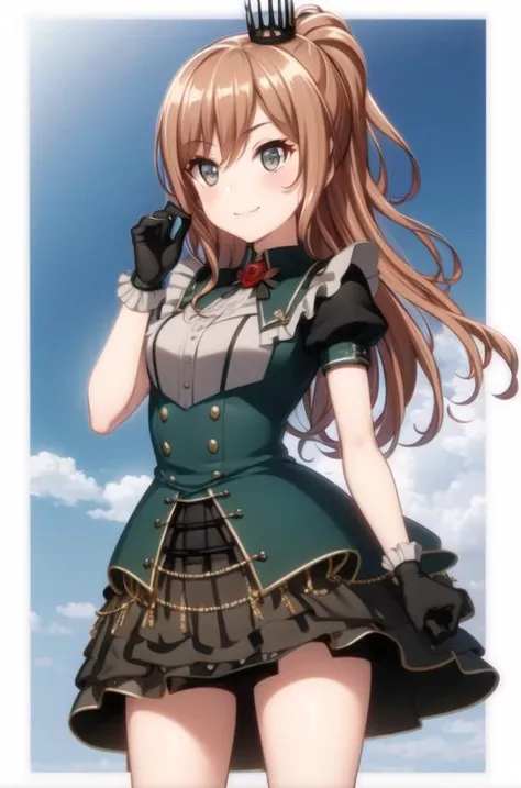 ((masterpiece, best quality)),very detailed, simple eyes, outdoors,medium breasts,standing,<lora:newlisa:1>,lisa imai,1girl, black_gloves, breasts, brown_hair, crown, eyebrows_visible_through_hair, gloves, lofty ambitions, long_hair, looking_at_viewer, ponytail, puffy_short_sleeves, puffy_sleeves, rose, short_sleeves, smile, yellow_rose