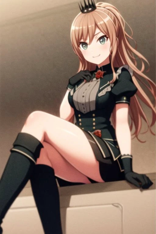 ((masterpiece, best quality)),very detailed, simple eyes,medium breasts,sitting,crossed legs, kneehighs,<lora:newlisa:1>,lisa imai,1girl,smile, black_gloves, breasts, brown_hair, crown, eyebrows_visible_through_hair, gloves, lofty ambitions, long_hair, looking_at_viewer, ponytail, puffy_short_sleeves, puffy_sleeves, rose, short_sleeves, smile, yellow_rose,boots