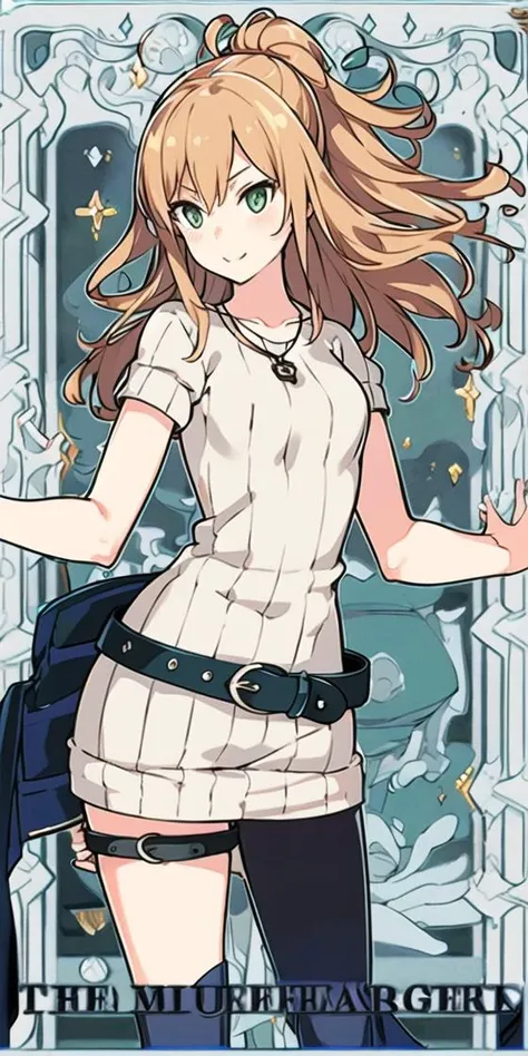 <lora:animeTarotCardArtStyleLora_v20Offset:1>, <lora:lisaImaiBangDream_v20:1>, (((masterpiece))), (((bestquality))), ((ultra-detailed)), (illustration), ((anextremelydelicateandbeautiful)), dynamicangle, floating, (beautifuldetailedeyes), (detailedlight), (1girl), solo, green background, standing sex, smooth,arms behind back, thick thighs, lisa imai,brown hair,smile,bare shouder,casual,sweater,thigh high boots,belt,