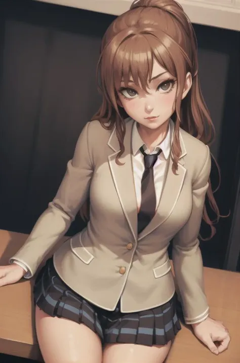 1girl, 1boy, sitting on lap, pov,  beautiful face, pretty face,  <lora:lisaImaiBangDream_v20:1>,  <lora:sittingOnLapPov_sittingOnLapPovV2:0.6>, lisa imai,brown hair,close mouth, duck smile,school uniform,skirt,necktie, from above,