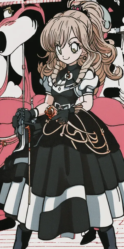 <lora:lisaImaiBangDream_v20:1>,  (((masterpiece))), (((bestquality))), ((ultra-detailed)), (illustration), ((anextremelydelicateandbeautiful)), dynamicangle, floating, (beautifuldetailedeyes), (detailedlight), (1girl), solo, glowingeyes, black_gloves, breasts, brown_hair, crown, eyebrows_visible_through_hair, gloves, lofty ambitions, long_hair, ponytail, puffy_short_sleeves, puffy_sleeves, rose, short_sleeves, smile, yellow_rose,boots, <lora:akiraToriyamaStyle_toriyamaAkira3:1>