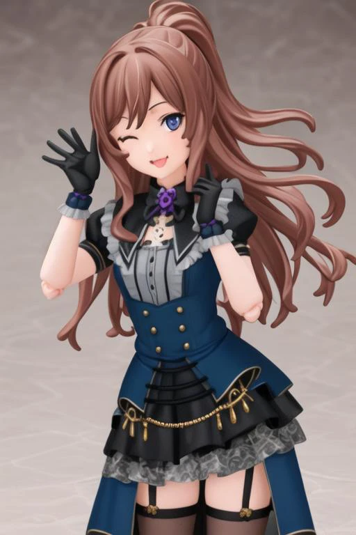 ((best quality)), ((highly detailed)), masterpiece, ((official art)), detailed face, beautiful face, (detailed eyes, deep eyes), (1girl:1.33, solo), (figma), [realistic], [3d], (3dcg), ((octane render)), purple gloves, elbow gloves, purple thigh highs, one eye closed, licking lips, smiling, open mouth, <lora:lisaImaiBangDream_v20:1>, <lora:figmaAnimeFigures_figma:0.6>