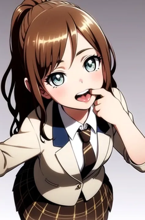 beautiful, (masterpiece:1.2), (best quality:1.2), perfect eyes, perfect face, perfect lighting, 1 girl, finger in another's mouth, open mouth , smile,happy, cute, teeth,pov, masterpiece, best quality ,  <lora:lisaImaiBangDream_v20:1> , <lora:murkysFingerInMouth_1:1>, lisa imai,brown hair, school uniform, skirt, necktie, tongue out