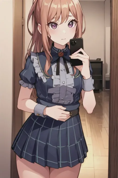 sfw, best quality, ultra detailed, <lora:one_finger_selfie:1>, selfie, mirror, holding phone, convenient censoring, clothing, <lora:lisaImaiBangDream_v20:1>