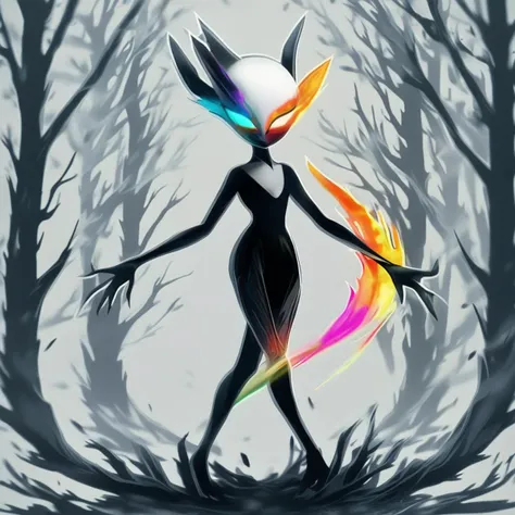 artmntlty, character concept, llustration, small breasts, standing on one leg, bare tree, orange skin, fire, black dress, rainbow hair, forest, mask, no mouth, full body