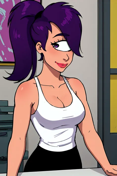 leela, 1girl, purple hair, one-eyed, cyclops, ponytail, long hair, solo, breasts, cleavage, lipstick, black pants,looking at viewer, smile, white tank top,lipstick, upper body,   <lora:leela:0.55> best quality, high quality, absurdres, masterpiece,  <lora:char cyclops:0.7>