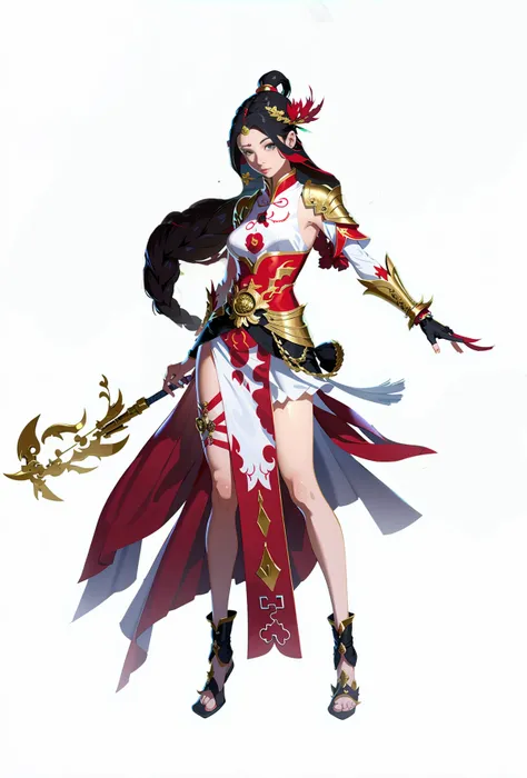 1 girl, hairpin, headdress, solo, clothes, full body, red, white, multi-layered clothes, skirt, gold edge, game character, ancie