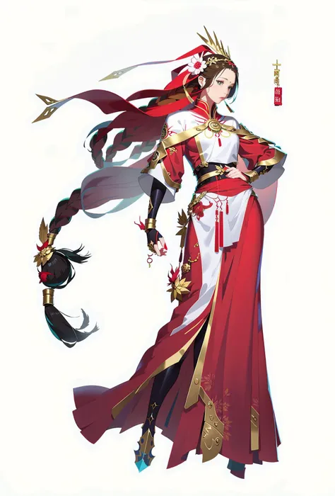 1 girl, hairpin, headdress, solo, clothes, full body, red, white, multi-layered clothes, skirt, gold edge, game character, ancient Chinese style, art design, original art design, simple background