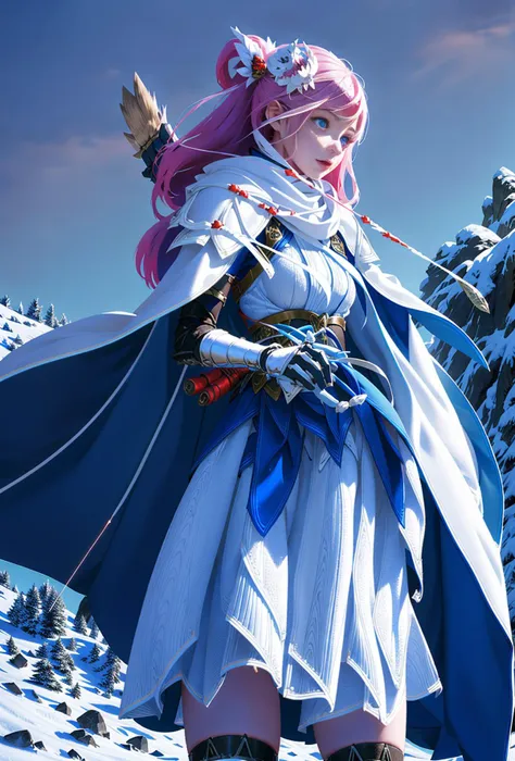 1 girl, weapon, bow, hood, arrow, hold, long hair, holding weapon, snow, armor, grip, gloves, mountain, outdoor, breast, solo focus, shoulder armor, snow, cape, quiver, hood, medium breast, red lip, looking at audience, standing, fur decoration, ice, blue cape, black gloves