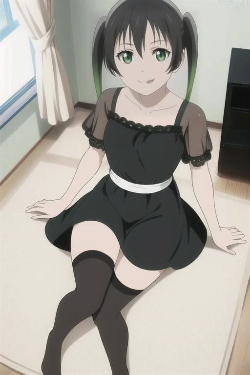 (best quality, masterpiece:1.2), 1girl, solo, anime, anime screencap, ray tracing, global illumination, ultra resolution image, vivid color, cinematic light, lens flare, light on face, glow eyes, (full body:1.2), smile, depth of field, happy, front view, pov, indoors, room, detailed background, kawaii, cute, <lora:Takasaki Yuu New2:0.6> takasaki yuu, tongue out, twintails, (medium hair:1.3), multicolored hair, black hair, green ends, collarbone, (black dress:1.3), (one piece:1.3), (see-through:1.3), black thighhighs,