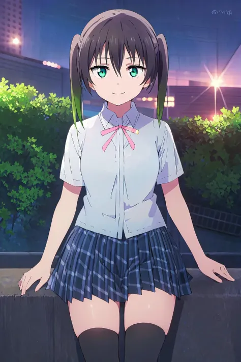 (best quality, masterpiece:1.2), 1girl, solo, (cowboy shot:1.2), looking at viewer, standing, smile, sunlight, lens flare, closed mouth, light on face, sky, blue sky, sitting,
<lora:Takasaki Yuu SSU:1> takasaki yuu, nijigasaki academy school uniform, multicolored hair, green eyes, black thighhighs, twintails, black hair, short sleeves, summer uniform, pink neck ribbon, hair between eyes