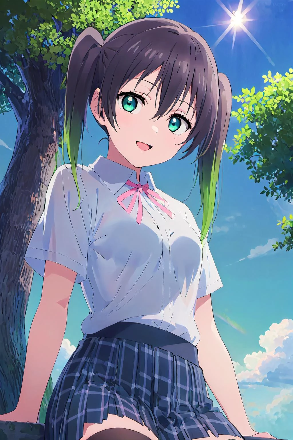 (best quality, masterpiece:1.2), 1girl, solo, (upper body:1.2), looking at viewer, standing, smile, sunlight, lens flare, light on face, sky, blue sky, sitting, glow eyes, from below, closed mouth, blue beautiful sky,
<lora:Takasaki Yuu SSU:0.8> takasaki yuu, nijigasaki academy school uniform, multicolored hair, green eyes, black thighhighs, twintails, black hair, short sleeves, summer uniform, pink neck ribbon, hair between eyes, breasts
<lora:Style_boldline:-1>