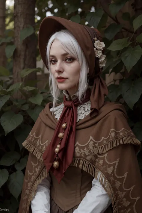 <lora:plaindoll-nvwls-v1:1> plaindoll, white hair, doll joints, bonnet, brown cloak, long dress, red ascot, (ultra realistic, 8k,high quality)