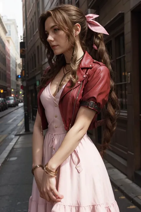 <lora:aerith-nvwls-v1-final:1> aerith gainsborough, choker, cropped jacket, hair bow, bracelet, pink dress, (ultra realistic, 8k,high quality)