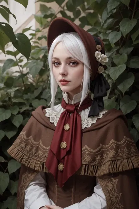 <lora:plaindoll-nvwls-v1:1> plaindoll, white hair, doll joints, bonnet, brown cloak, long dress, red ascot, (3/4 body), masterpiece,best quality,8k