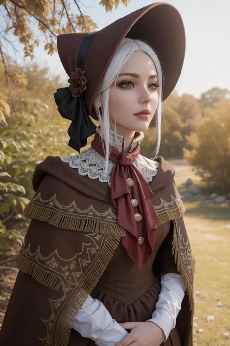 <lora:plaindoll-nvwls-v1:1> plaindoll, white hair, doll joints, bonnet, brown cloak, long dress, red ascot, (ultra realistic, 8k,high quality), above the waist photo, (ultra realistic, 8k,high quality)