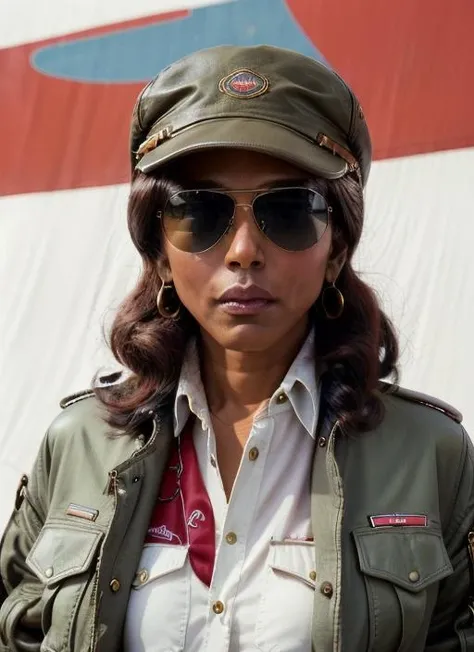 ab1 close up Portrait photo of a woman  in a (Retro Pilot: Aviator Jacket, Wide-Leg Pants, Aviator Sunglasses, Pilot Cap, Vintage Suitcase), intricate, (cloth [red]), elegant, sharp focus, photo by greg rutkowski, soft lighting, vibrant colors, masterpiece, ((simple white background)), detailed face <lora:AngelaBassett:1>