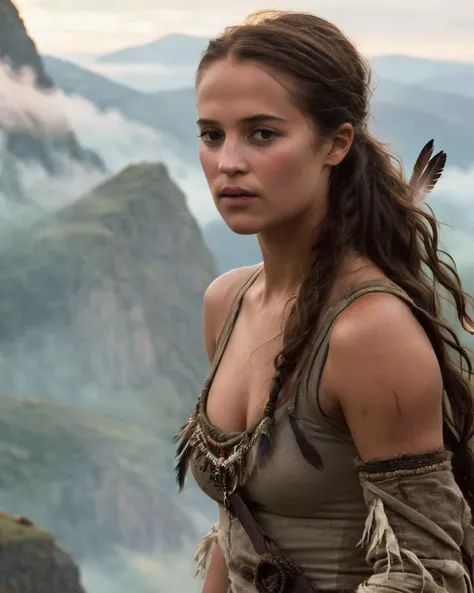 beautiful shaman warrior woman, on top of a mountain, cinematic, imperfect skin, shaman outfit, disturbing light, fabrics, textures,  warm colors, (upper body), warpaint, feathers, outfit, mist, fog, mystic, windy,alicia_vikander,<lora:AliciaVikanderXL:1>, ((sharp face, detailed face, realistic face, naturtal skin, realistic skin, detailed skin, pores, sharp eyes, detailed eyes,realistic eyes)),