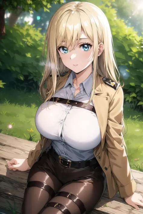 (day:1.7), Forest background,
sitting on the floor,
brown jacket,long sleeves,thigh strap,white shirt, military uniform,belt, Black_pencil_skirt,
<lora:Historia_Reiss_AOT-KK77-V1:0.7>,thigh strap, thighs,<lora:Front_Innocent_repack-KK77-V1:0.3>,
blonde hair,blue eyes,bangs, Long_hair,
1 girl, 20yo,mature female,Beautiful Finger,Beautiful long legs,Beautiful body,Beautiful Nose,Beautiful character design, perfect eyes, perfect face,
looking at viewer, in the center of the image,focus on face,
NSFW,official art,extremely detailed CG unity 8k wallpaper, perfect lighting,Colorful, Bright_Front_face_Lighting,
(masterpiece:1.0),(best_quality:1.0), ultra high res,4K,ultra-detailed,
photography, 8K, HDR, highres, absurdres:1.2, Kodak portra 400, film grain, blurry background, bokeh:1.2, lens flare, (vibrant_color:1.2)
(Beautiful,Large_Breasts:1.2), (beautiful_face:1.5),(narrow_waist),