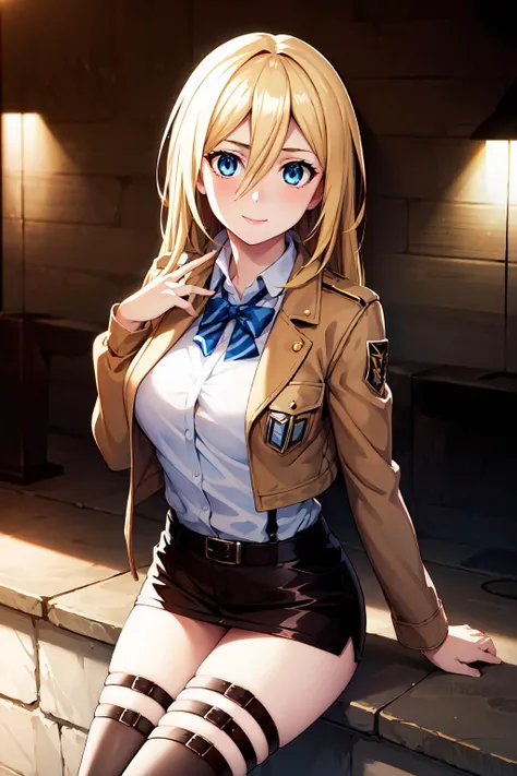 brown jacket,long sleeves,thigh strap,white shirt, military uniform,belt, Black_pencil_skirt, <lora:Historia_Reiss_AOT-KK77-V2:0.7>,thigh strap, thighs, blonde hair,blue eyes,bangs, Long_hair,(hair between eyes:1.3),
1 girl, 20yo,Young female,Beautiful Finger,Beautiful long legs,Beautiful body,Beautiful Nose,Beautiful character design, perfect eyes, perfect face,expressive eyes, looking at viewer, in the center of the image,(light_smile:0.5), official art,extremely detailed CG unity 8k wallpaper, perfect lighting,Colorful, Bright_Front_face_Lighting,shiny skin, (masterpiece:1.0),(best_quality:1.0), ultra high res,4K,ultra-detailed, photography, 8K, HDR, highres, absurdres:1.2, Kodak portra 400, film grain, blurry background, bokeh:1.2, lens flare, (vibrant_color:1.2) (Beautiful,large_Breasts:1.0), (beautiful_face:1.5),(narrow_waist)