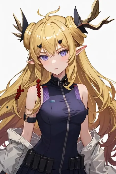 best quality, masterpiece, highres, solo, {leizi_arknights:1.15}, long_hair, blonde_hair, horns, pointy_ears, bangs, upper_body, purple_eyes, sleeveless, hair_ornament, blue_eyes, breasts