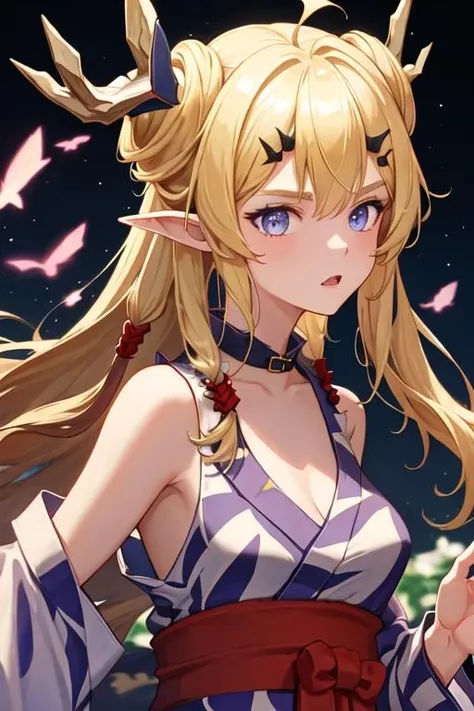 best quality, masterpiece, highres, solo, {yukata:1.40}, {kimono:1.20}, {leizi_arknights:1.15}, long_hair, blonde_hair, horns, pointy_ears, bangs, upper_body, purple_eyes, sleeveless, hair_ornament, blue_eyes, breasts
