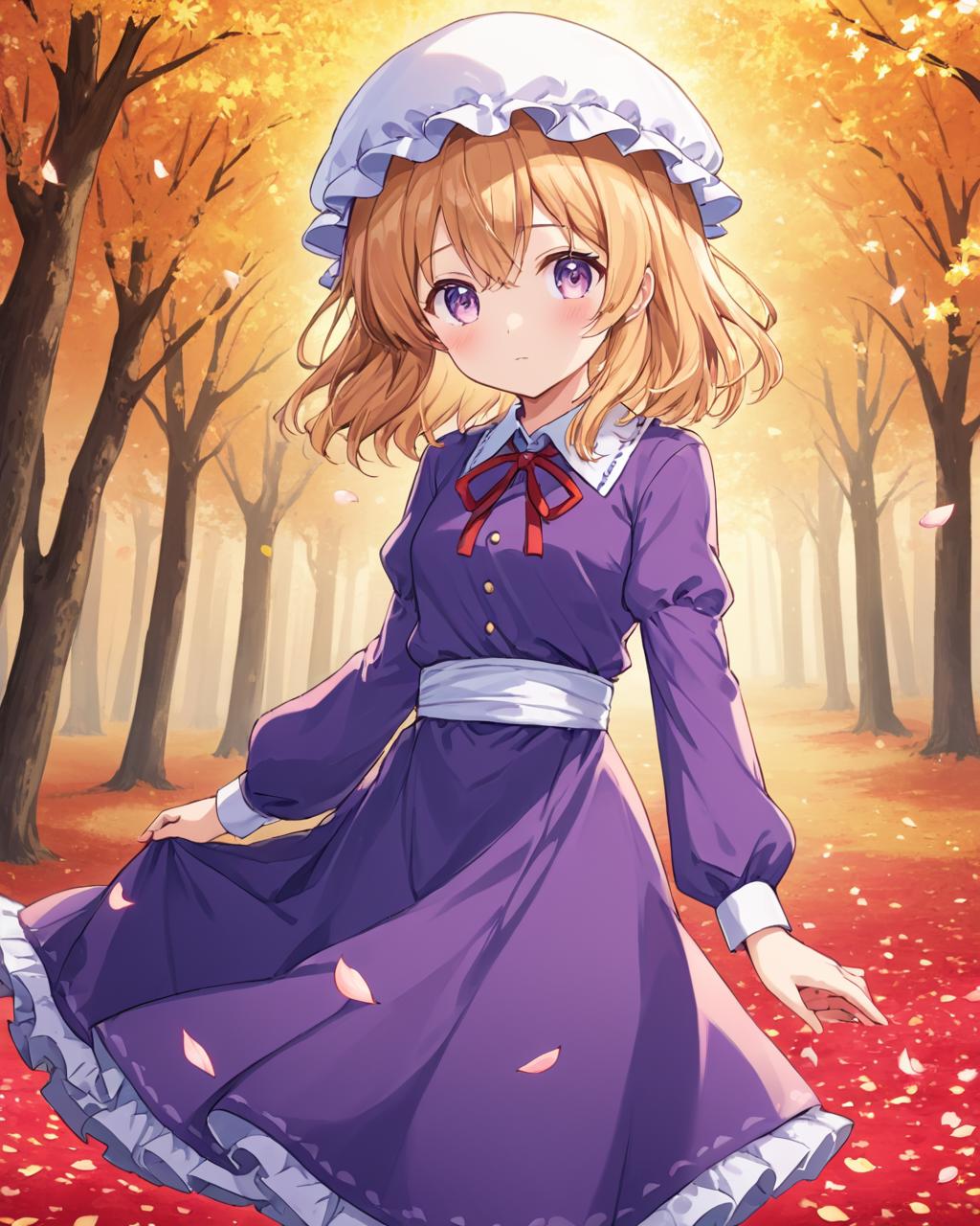 A girl in a purple dress and hat standing in a forest - SeaArt AI
